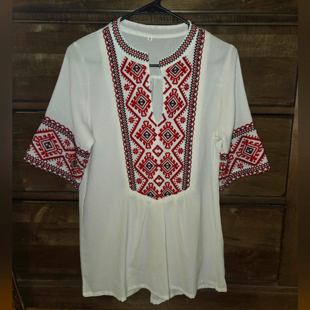 Mansy Women's Summer V Neck Boho Print Embroidered Shirts Short Sleeve/Long Slee